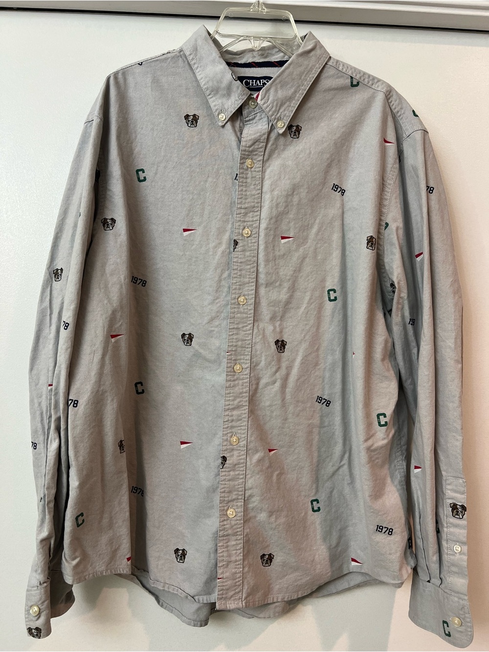 Chaps Stretch Oxford button down shirt gray bulldog 1978 print long sleeve XXL